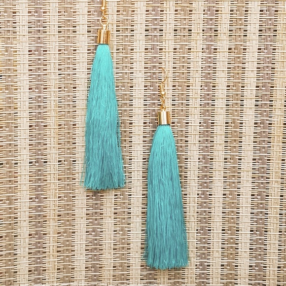Aqua Blue Boho Tassel Earrings - Picture 2 of 2
